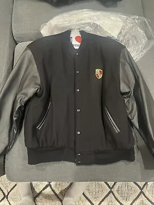 Porsche Vintage Black Leather & Wool Letterman Bomber Varsity Jacket Mens M • $280