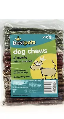 100pk MUNCHY ROLLS : BestPets Thin Assorted  Hide Sticks Dog Chews • £7.69