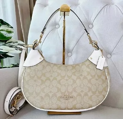 COACH Mara Khaki White Signature Canvas Gold Crossbody Hobo Leather Bag $450 • $169