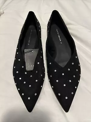 ZARA Pointed Toe Black Suede Rhinestones Ballerina Flats Size Eur 39 US 8 NWT • $29.99