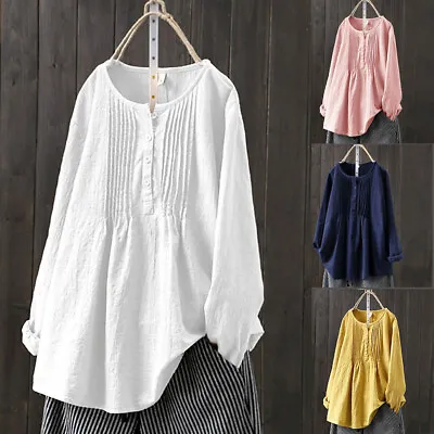 Womens Cotton Linen Tunic Tops T-Shirt Long Sleeve Loose Baggy Casual Blouse UK • £12.89