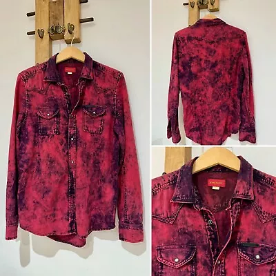 Diesel Vintage Y2K Red Black Acid Bleach Wash Slim Fit Popper Denim Shirt Size M • £39.95