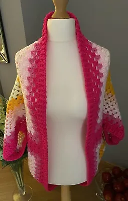 Handmade Crochet Rainbow Cocoon Cardigan Shrug Ribbed Edging & Cuffs Unique • £49.99