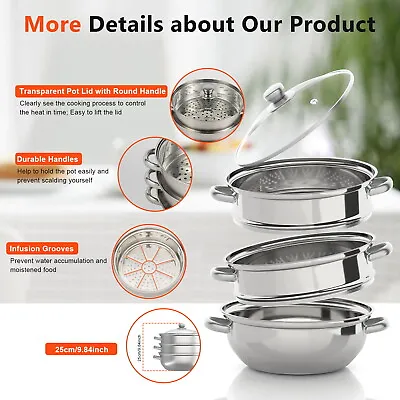 3 Tier Food Steamer Set With Glass Lid 28CM Cooker Pot Stackable Stainless Steel • $37