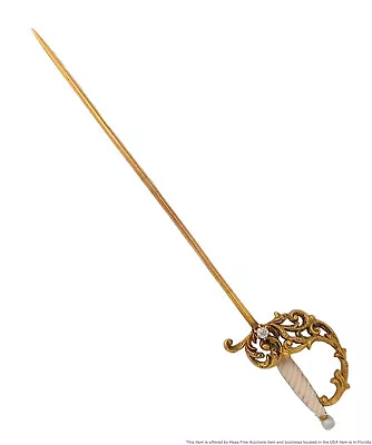 Vintage 14K Gold Old Euro Diamond Natural Seed Pearl Enamel Tie Stick Pin Sword • $102.51