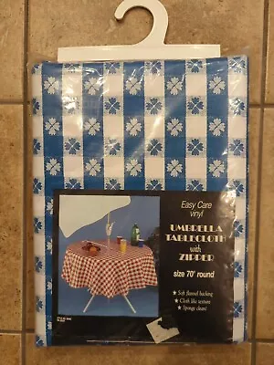 Vintage Vinyl Umbrella Tablecloth Zipper  70   Round Blue White Check Easy Care • $21.95