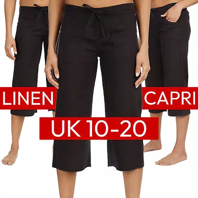 Ladies Linen 3/4 Length Trousers Summer Cropped Capri Black Pants Wide Leg 10-20 • £9.99