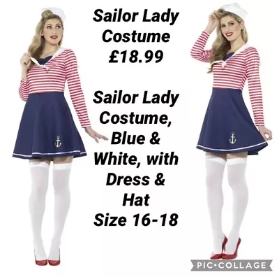 Sailor Ladies Nautical Fancy Dress Size 16-18 Dress & Hat • £18.99