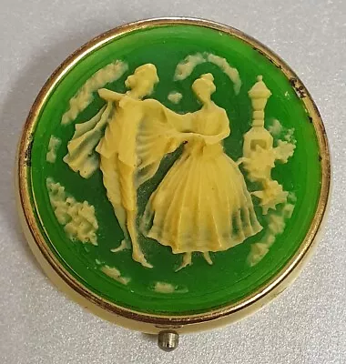 Vintage Cameo Pill Box ~ Courting Couple ~ Green ~ 3 Compartments • $8.95