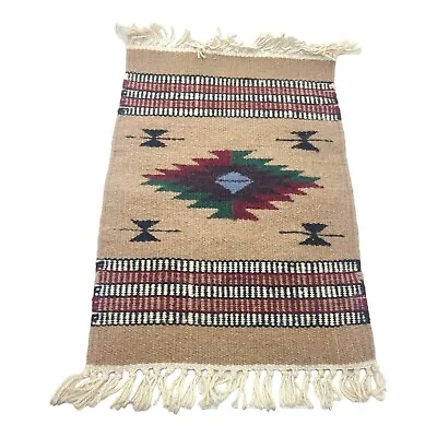 Vintage Woven Wool  Floor Rug With Fringe Native American Motif • $55