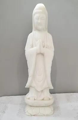 VTG Quan Yin Guan Kwan Kuan On Lotus Pedestal White Stone Statue Figurine 13.5  • $159.95