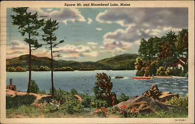 Moosehead Lake Maine Squaw Mountain Boats Scenic Linen Postcard Mailed 1941 • $1.99