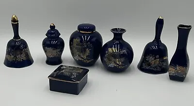 Vintage Japanese Trinket Box  Vases Cobalt Blue Hand Decorated Flowers Birds • $19.20