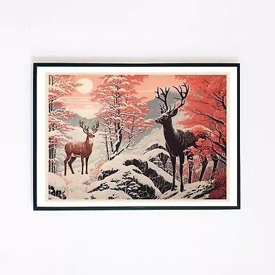 Vintage Deer Forest Landscape Illustration 7x5 Retro Home Decor Wall Art Print  • $4.91