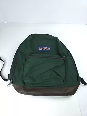 Jansport Vintage Real Leather Bottom Backpack Green Made In USA School Hiking  • $29.88