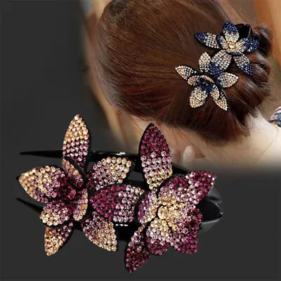 Women Rhinestone Double Flower Hair Clip Crystal Hair Combs Vintage Hair Claws • $2.99