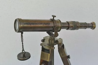 Antique Brass Marine Nautical Telescope Spy Maritime Wooden Tripod Stand Gift • $43.99