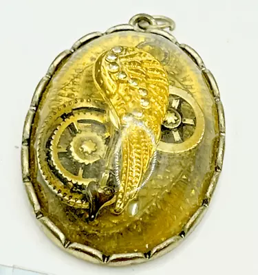 Vintage 1.5  3D Oval Necklace Pendant Angel Wing Gears Resin Steampunk Gold-Tone • $11.69