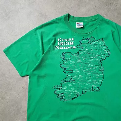 Vintage 90s Irish Names Map Souvenir T-Shirt XL Green Hanes 50/50 Single Stitch • £29.97