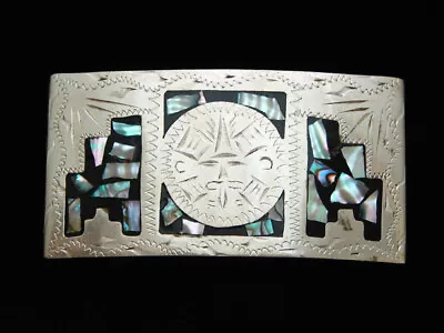 OE07158 VINTAGE 1970s *MAYAN CALENDER* ABALONE SHELL SOUTHWESTERN DESIGN BUCKLE • $30