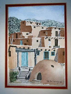 NM Listed Artist Merrill E DeLonge Watercolor Taos Pueblo 1984 Framed W Glass • $115