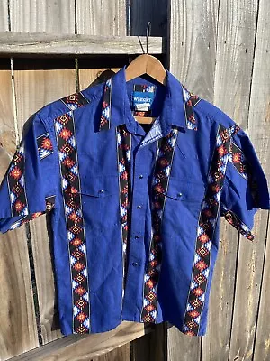 VTG Wrangler SS Shirt Southwestern Aztec Pearl Snap Blue Western Cowboy Mens M • $29.99