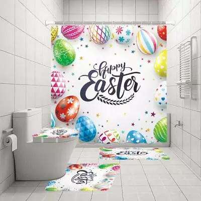 3D Easter Eggs Rabbit Shower Curtain Bath Mat Toilet Lid Cover Bathroom Rug Set • $37.74