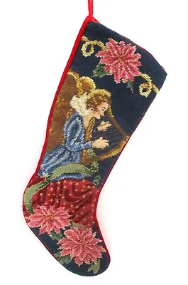 Vintage Wool Needlepoint Christmas Stocking W Gold Threads Angel With Harp • $22.95