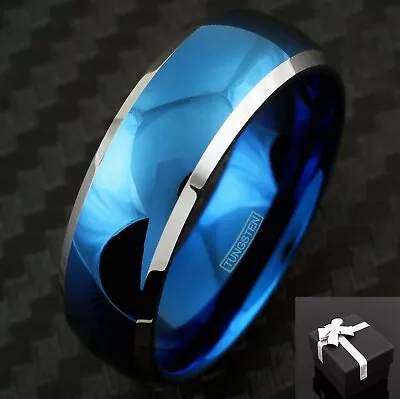 8mm Tungsten Carbide Men's Blue Domed With Beveled Silver Edge Wedding Band Ring • $14.99