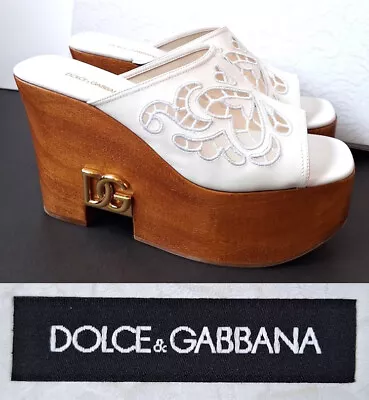 NEW Dolce & Gabbana White Lace Wooden Wedge Sandal Mules Size 41 • $310