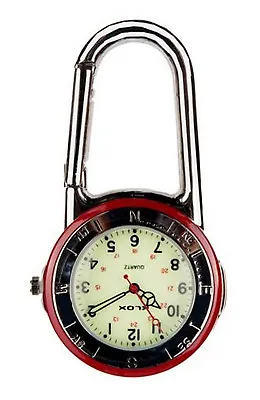 Shiny Silver Clip On Carabiner Red & Silver Bezel Luminous Face Doctor FOB Watch • £11.49