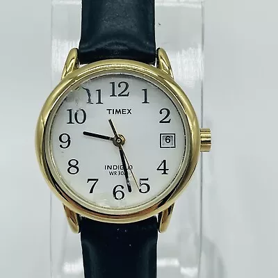 Timex Watch Women Indiglo 25mm Gold Tone Black Leather Strap WR30M New Battery • $19.95