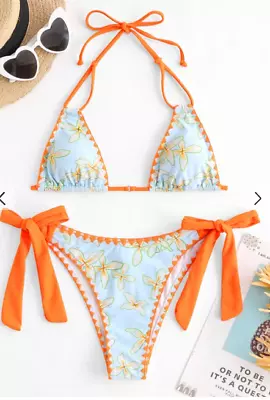 ZAFUL Flower Print Whip Stitching Tie Side Bikini Swimwear - Light Blue S • £9.49
