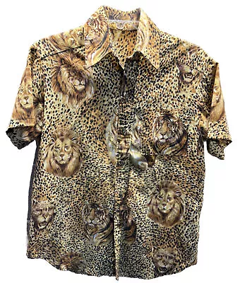 Vintage Men Sz L Safari Travel Lion Tiger Africa Leopard Print Shirt • $34.95