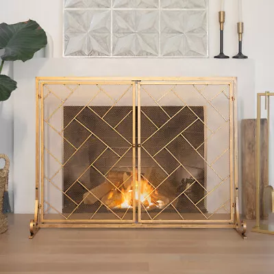 Barton 44  X 33  Fireplace Screen 2-Panel Iron Mesh Spark Guard Magnetic Doors • $69.95