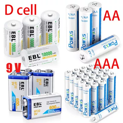 EBL AA AAA D Size Ni-MH Rechargeable Batteries / 9 Volt 9V Li-ion Battery Lot • $17.99