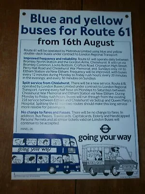 London Transport Timetable Panel Poster-Blue & Yellow Buses For Route 61 • £1.50