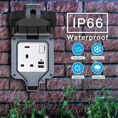 £20.99 • Buy Outside Waterproof Double Single Socket With Dual USB Wall Electrical Outlets