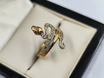 9CARAT Gold Snake Ring Diamond & Ruby Eyes Size M Hallmarked Rare  • £153