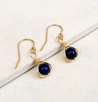 Lapis Lazuli Drop Earrings 14k Gold Filled Handmade September Birthstone Gift • £14.99