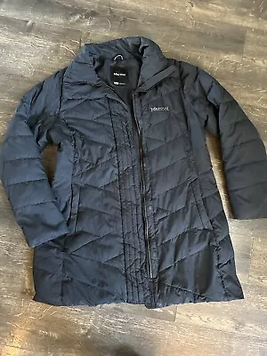 Marmot Varma Long Quilted Hooded 700 Fill Down Jacket Parka Size XL Gray Black • $49.99