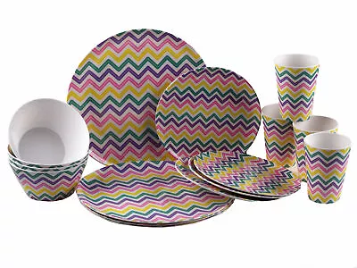 Melamine Plastic Dinner Set - Pastel Zig Zag Plate Cup Bowl  (16 Piece Set) • £28.99