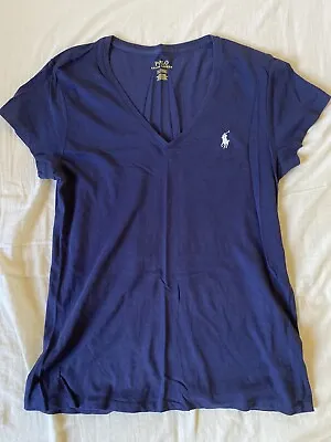 Ralph Lauren Womens V Neck T-Shirt Short Sleeve Size Medium Navy White AUTH • $36