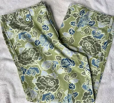 So Blue Sigrid Olsen Floral Green Blue Tan Wide Leg Ankle Pants Sz 6 Cotton • $14.98