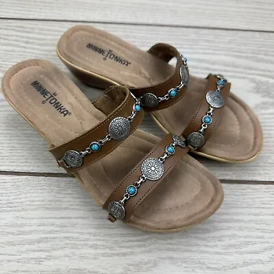 Minnetonka Womens Brown Leather Multicolor Gem Detail Slide Sandals Sz US 8 • $22.01