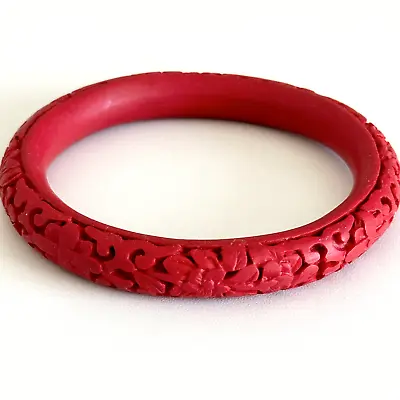 Vintage Carved Floral Cinnabar 11mm Wide Large Bangle Bracelet 8  • $39.99