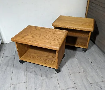 Vintage Rustic Pair Of Oak Wood Rolling Tables/Plant Stand Mid Century Modern • $405