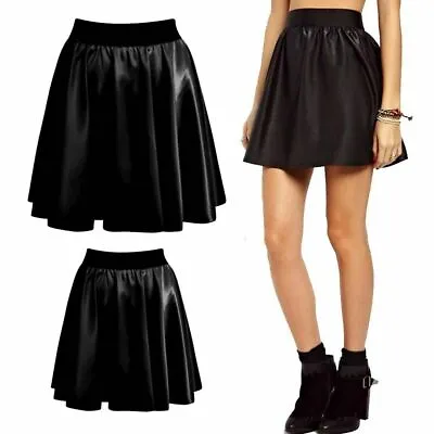 Women Ladies High Waist Bodycon Faux Leather Wet Look Flared Skater Mini Skirt • £8.99