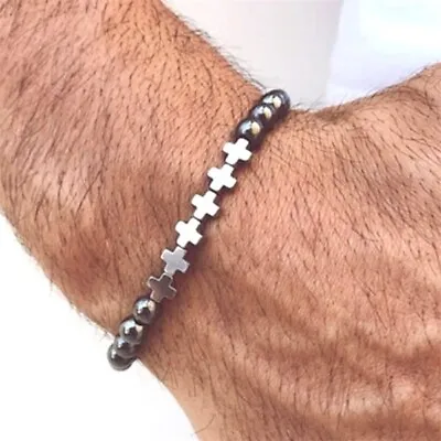 Men Hematite Magnetic Therapy 925 Silver Bracelet Bangle Cross Relief • $1.70