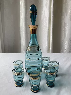 Vintage Decanter Set With Six Glasses And Stopper Blue And Gold MCM Bohemian? • $55